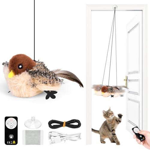 RuiDay Flapping Bird Toy Cat, oiseau volant pour chat, jeu interactif chat, jeux interactifs, jouets pour chats interactifs, jouets pour chats oiseau en mouvement (passage avec télécommande)
