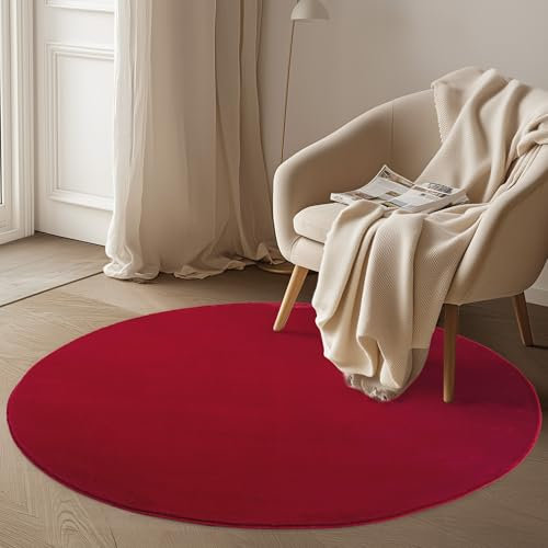 Carpetsale24 Kurzflor Teppich Wohnzimmer 120 cm Rund Rot - Runder Teppich Waschbar, rutschfest, Weich, modern einfarbig Design - für Schlafzimmer, Küche, Esszimmer