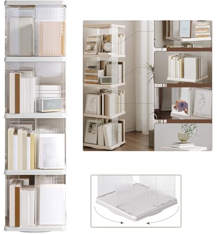 JAOGAUS Estantería Giratoria Libros (36×36×135,5 cm), Librería Vertical de 4 Niveles, Mueble Esquinero Librero Cubo, Estantería para Libros Infantiles para Salón/Dormitorio/Oficina