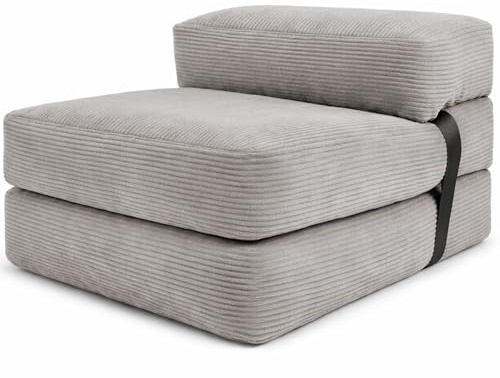 bananair - Poltrona Letto Singolo - Pouf Trasformabile in Letto Sfoderabile in Velluto a Coste - Futon Giapponese Pieghevole Pratico e Confortevole, Imbottito in Schiuma (70 x 190 cm, Grigio Chiaro)