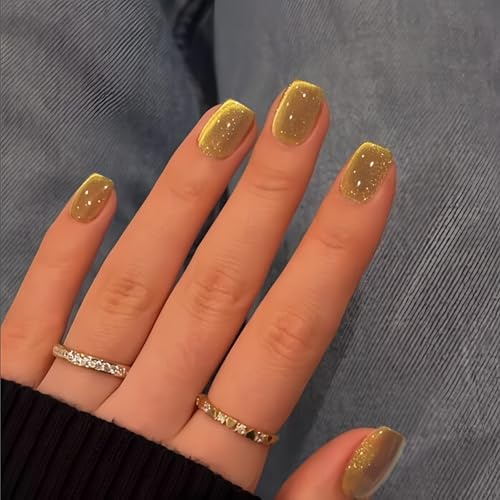 SXVME Cat Eye Soft Gel Press on Nails Short Coffin Shape, 30 Pcs Gold Cat Eye False Nails Short Square, Sparkly Glitter Nails Press on, Bling Chrome Yellow Stick on Nail for Women Small Sizes
