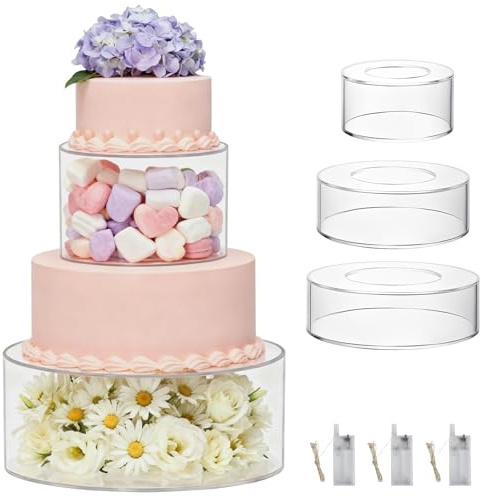 3 Pezzi Alzata per Dolci, Vassoio per Torte Rotondo Trasparente Riempibile con 3 Strisce Luminose a LED per Matrimoni, Compleanni e Feste