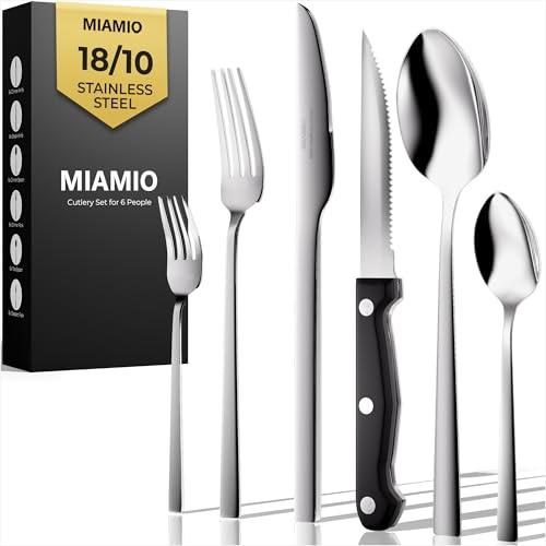 MIAMIO – Set di Posate in Acciaio Inossidabile per 6 Persone/Servizio di 36 Pezzi – Include Coltelli, Forchette, Cucchiai – Lavabili in Lavastoviglie (Argento, 36 pezzi)