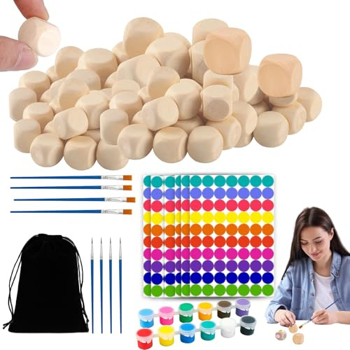 HUILLIGHT Set di Dadi in Legno Fai-da-Te con Pennelli e Colori – 80 Cubi Vuoti per Personalizzare, con Adesivi Colorati, Perfetto per Giochi e Decisori