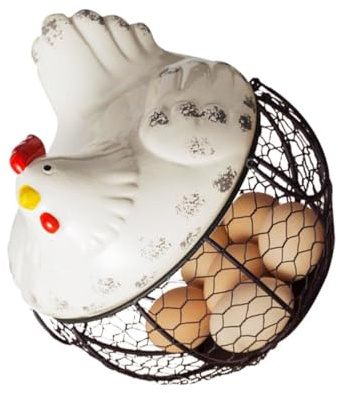 ZUNOXAZ Cestino per Uova in Ferro con Coperchio a Forma di Gallina, Cestino Portaoggetti Multiuso per Cucina e Ristorante, Cesto di Snack e Frutta Decorativo Bianco Piccolo, con Manici