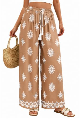 ROFUSSO Pantalon Palazzo à Jambes Larges pour Femme Pantalon D'été Bohème Fleuri Taille Haute Vêtement Décontracté pour la Plage avec Poches