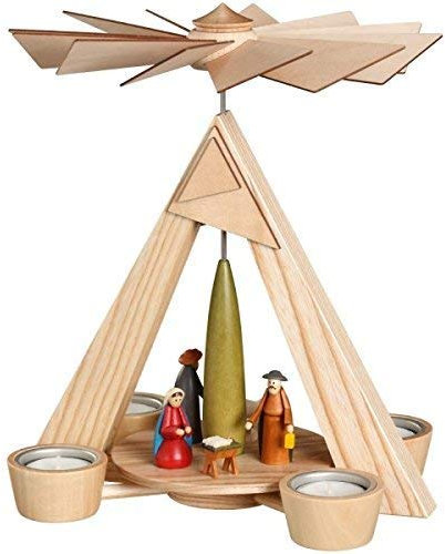 Pirámide de velas de té con diseño de nacimiento de Cristo, multicolor, 24,5 x 29 x 24,5 cm, pirámide de madera con forma de pirámide, semillas de monedas, árbol de Navidad, juego de calor, velas de
