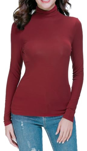 Womens Mock Turtleneck Long Sleeve Stretch Fitted Underscrubs Layer Tee Tops Burgundy