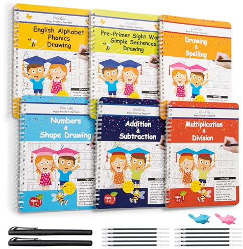 Reusable Handwriting Practice Workbook Set for Kids – Grooved Letter, Number, Shape & Sight Word Tracing Books for Preschool, Kindergarten & Early Elementary Math Activities