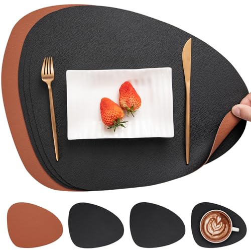 Myir JUN Set de Table en Cuir et Dessous de Verre, Antidérapant Double Face Set de TableLavable Imperméables Set Table Plastique (Noir Marron)