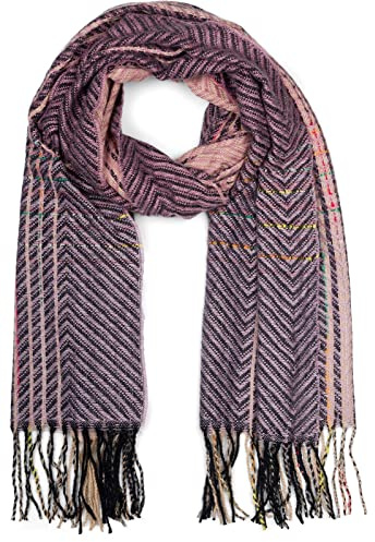 styleBREAKER Bufanda de punto fino para señoras con patrón de rayas coloridas en zig-zag y flecos, cálida estola de invierno multicolor 01017149, color:Lila-Negro