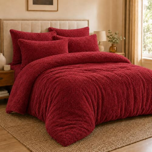 EXQUIZIT HOME® Teddy Fleece Duvet Cover Set – Super Soft Teddy Bear Fleece Bedding Set with Pillowcases – Warm Cosy Winter Fleece Quilt Cover (Red Single 135cm x 200cm Approximate)