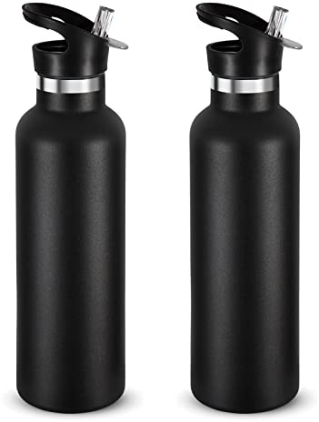 Volhoply 750ml Insulated Water Bottles Bulk 2 Pack,Stainless Steel Double Wall Sport Bottle with Straw Lid,Metal Reusable Cup with Hand Cap for School,Cyclists,Hikers,Gift (Black, 2)