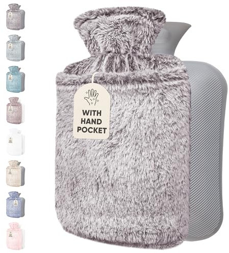 Qomfor Wärmflasche mit weichem Bezug - 2L Wärmeflasche mit Kängurutasche Auslaufsicher - Bettflasche für Erwachsene und Kinder, ideal für Schmerzlinderung - Flauschigem Kuschelbezug (Dunkelgrau)