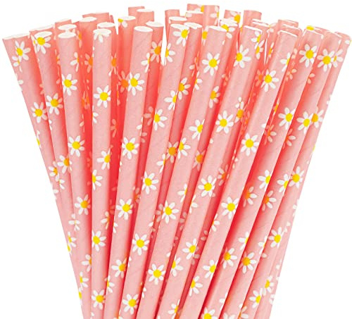 Whaline 100Pcs Daisy Paper Straws Pink Flower Disposable Drinking Straws Groovy Floral Decorative Straw for Spring Summer Birthday Baby Shower Party Supplies Juices Shakes Cocktail Decoration