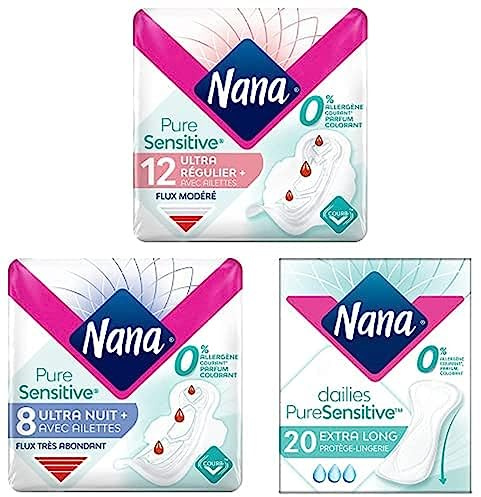Nana PureSensitive - Serviettes Flux Modéré (12) et Très Abondant (8) + Protège-Lingerie XL (20)