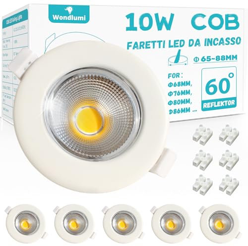 Wondlumi 6x Faretti LED da Incasso per Cartongesso,10W Equivalenti a 100W 850LM,Foro 65-85mm Luce Fredda 5000K per Cucina,Interno,Faretti Led Soffitto COB 220V