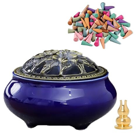 Incense Burner, Incense Bowl Holder， Cone Incense Burner, Ceramic Censer Suitable for Incense/Cone/Coil/Sticks, There Are 20 Incense Cones+ Metal Incense Holder Inside. (Sapphire Blue)