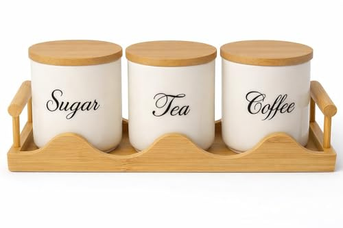 JRose Collections Tea Coffee Sugar Canister Set with Bamboo Tray, 3 Piece Ceramic Storage Jars with Airtight Wooden Lids, Kitchen Countertop Organiser, Modern Coffee Station Storage 35cm JR5004