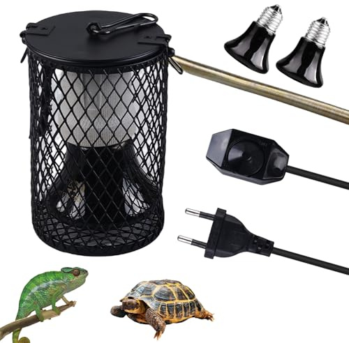 WIYETY Lámpara de calor para reptiles con cesta protectora: 2 unidades 75 W + 100 W E27 lámpara de calor de cerámica, reptiles con interruptor de atenuación para tortugas, serpientes, lagartos,