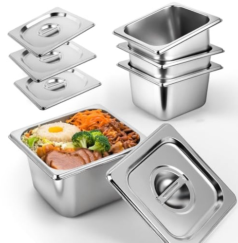West Bay 4 Pack 1/6 Size Hotel Pan with Lids, 4'' Deep Steam Table Pan with Lid, 7''L x 6.5''W Stainless Steel Pans for Home, Party, Hotel, Buffet
