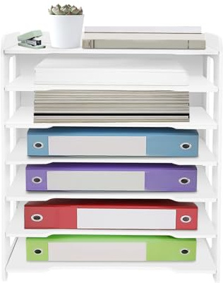 QIERF Skrivbordsorganisatör 7 nivåer, dokumentfack A4 kontor förvaringsfack 34 x 25 x 39 cm, PVC pappersorganisering för kontor skola, dokumentpapper förvaring, vit