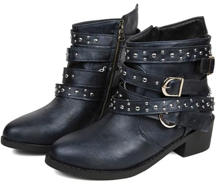 Stivaletti Donna Invernali con Cerniera Laterale Fibbia Decorativa Tacco Basso Comodi Stivali alla Caviglia Moda Autunno Inverno