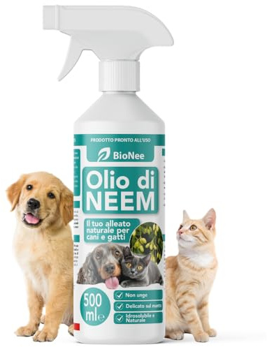 Olio di Neem per Cani e Gatti Spray 500 ml – Idrosolubile, Naturale, Non Unge – Azione Delicata, Effetto Barriera Sgradito a Zecche Pulci Zanzare Insetti