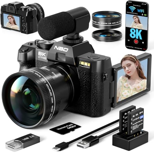 8K Digital Cameras for Photography 64MP - 16X Zoom Autofocus, WiFi, 180° Flip Screen with Wide-Angle & Macro Lens, Vlogging Camera for YouTube Travel with 64GB TF Card, 2 Batteries & Mic (Black)