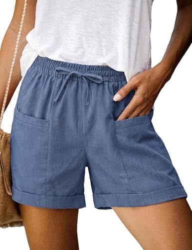 Demegimi Women's High Waisted Casual Shorts Summer Shorts with Pockets, Comfortable Elasticated Drawstring Waist Pants for Running, Gym, Lounge and Beach, Sizes S-XXL Blue