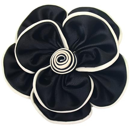 Bonito broche de flores de camelia para mujer, tela de satén, joyería floral negra y blanca, pin de solapa de 7,5 cm, accesorios de vestir