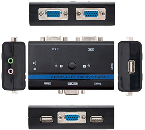 Nanocable Interruttore KVM Switch per Controllare 2 PC con Tastiera Singola, Mouse, Monitor e Altoparlanti, USB VGA 1U-2PC con Cavo, Nero