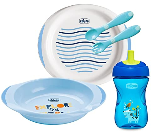 Chicco Set Pappa 12M+, Contiene 1 Tazza, Set di 2 Piatti e Posate, Forchetta e Cucchiaio, Set Svezzamento Bambini, Azzurro, Bimbo