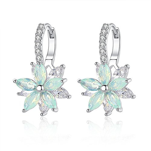 Josfeva Dangle Hoop Earrings Women, Double Flower Earrings Hoop Hanging | with Light Green Pink Blue Yellow Purple Red Green White Colourful Cubic Zirconia, Hypoallergenic Cartilage Hoops for Girls