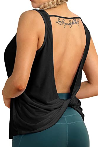 icyzone Dam sporttoppar rygglös – ärmlös yoga gym topp skjorta fitness linne, svart, S