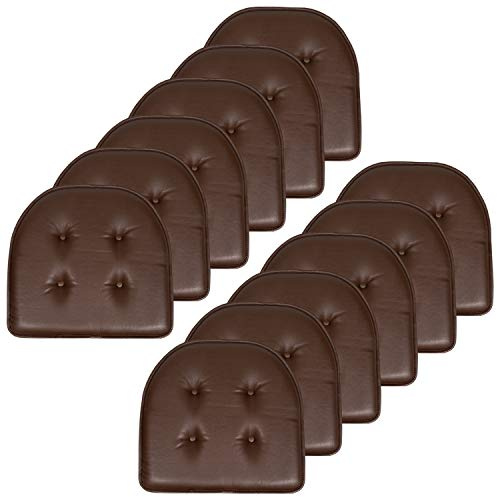 Sweet Home Collection Chair Cushion Memory Foam Pads Tufted Slip Non Skid Rubber Back U-Shaped 17 x 16 Seat Cover, 12 Pack, Faux Leather Chocolate Brown