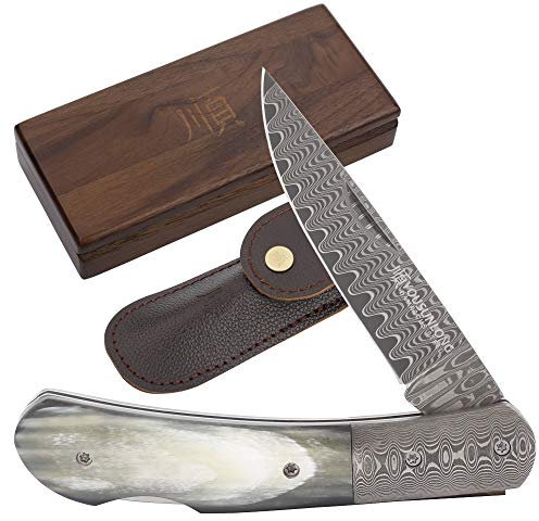 YOUSUNLONG Couteau de Poche Pratique - Acier Japonais Damas - Manche en Corne de Taureau