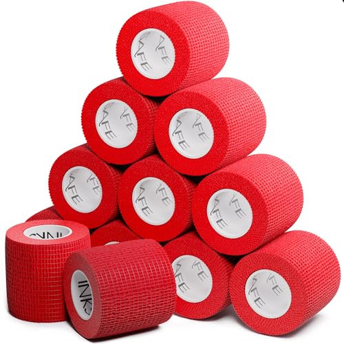 Inksafe Red Self Adherent Cohesive Bandages 5cm x 4.5m Box of 12 - Uses Include Tattoo Grip Wrap, Vet Wrap, Tape for Wrist and Ankle Sprains