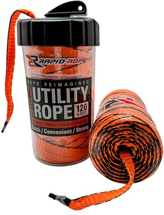 Rapid Rope Canister 120ft Orange Flat Tactical Paracord, Made in USA, 1100lb Tested Heavy Duty Poly Rope Test Cord, Non-Tangle Dispenser Included - Hiking, Camping, Survival, Utility, Climbing