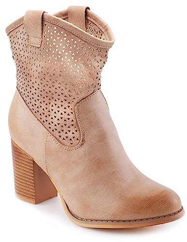 Toocool Botas Cowboy Perforadas para Mujer, Tacón Comodo Tejana G633