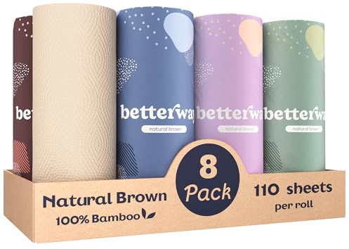 Betterway Bamboo Natural Brown Paper Towels - 8 Rolls, 2 Ply, 110 sheets - Plastic Free, PFAS Free, Disposable Kitchen Paper Towels - Select Size, Tree Free, Compostable, Strong & Absorbent