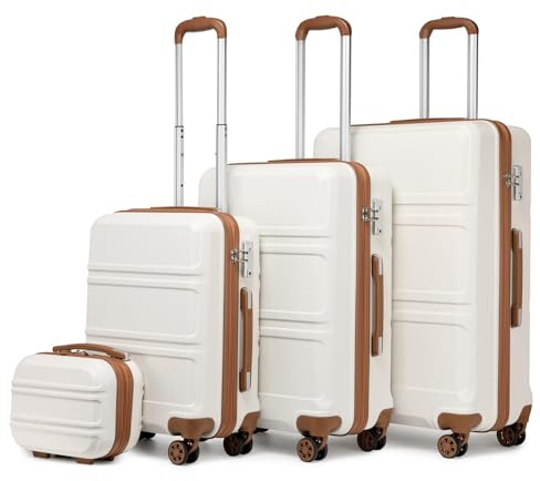 Kono Set de 4 Valises Rigide Léger Ensemble de Bagages en ABS avec 4 roulettes et Serrure TSA 55cm Bagage Cabine / 65cm / 76cm / Vanity Case (Blanc Crème)