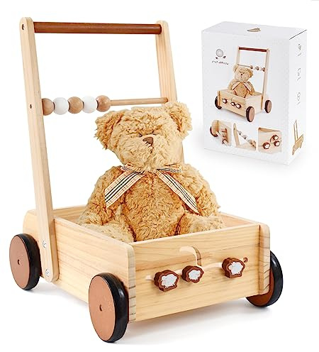 PairPear Wooden Baby Walker Push Toys,Adjustable Speed Nature Wood Push Walkers for Babies Learning to Walk,Toddler Push and Pull Toys Gift for Baby Girls and Boys 1-2