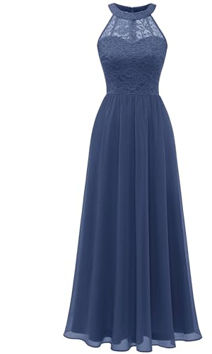 Wedtrend - Abito da sera da donna, lungo, con allacciatura al collo, abito da cocktail, elegante, per matrimonio, laurea, in pizzo e chiffon, M