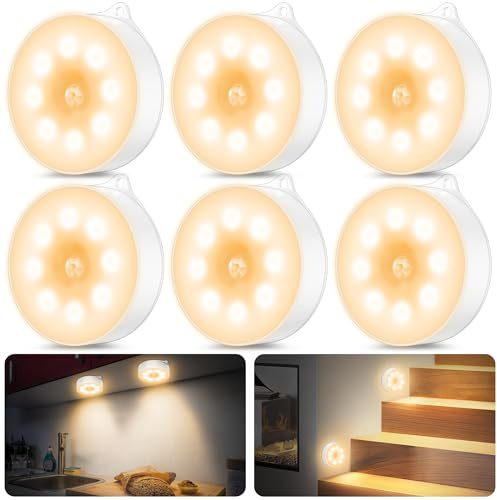 daphomeu 6 pezzi Luce notturna con sensore di movimento, 3 batterie AAA, illuminazione dell'armadio, sensore di movimento de interno per scale, camera da letto, cucina, sottopensile .(luce calda)