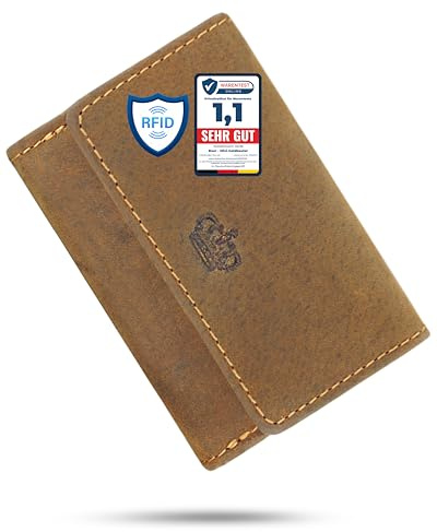 Baur Mini-Geldbörse für Damen und Herren – Echtes Leder mit RFID-Schutz – Kleines Portemonnaie mit 2 Kartenfächer – Schein- & Münzfach mit Druckknopfverschluss (Braun Büffelleder)