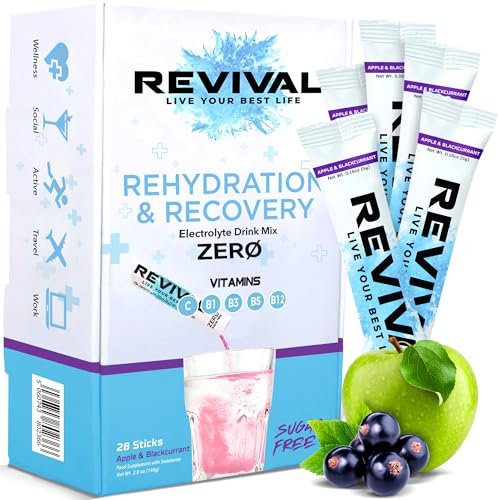 Revival Zero Rehydration Electrolytes Powder - Sugar Free Hydration Sachet Drink with Vitamins C, B1, B3, B5, B12-14 Pack Apple & Blackcurrant