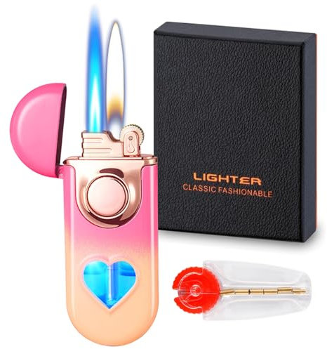 Jet Lighter with 6pcs Flint Stones, Adjustable Windproof Dual Flame (Jet & Soft) & Visible Gas Window, Refillable Butane Lighter for Outdoor Indoor (Without Butane)-Pink Orange