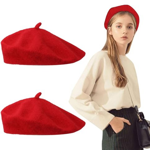 FUIPVGI 2 Stück Barett Baskenmütze Damen, Klassisch Plain Französischer Stil Barett, Franzosenmütze Moderne Künstler Maler Hut, Wintermütze Barett Baskenmütze Barett Damen Einheitsgröße (Rot)