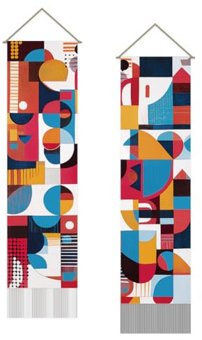 SUPERDANT Tapisserie Murale Géométrique Abstraite Tenture Murale Moderne Couverture Murale Bohème Longue Tapisserie Tenture Murale Lot de 2 Tapisseries avec Pompon